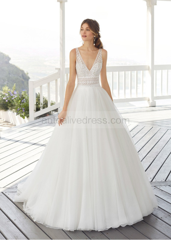 Beaded V Neck Ivory Lace Tulle Chic Wedding Dress